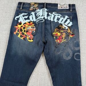 NEW Ed Hardy Mens 32x36 Med Blast Stacked Bootcut Tiger Stretch Blue Jeans